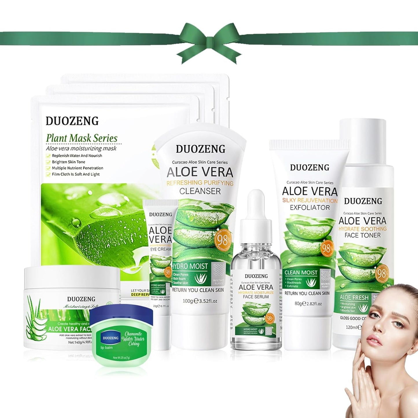 10Pcs Skin Care Kit,Skincare Gift Set with Facial Cleanser,Toner,Serum,Eye Cream, Face Cream,Exfoliating Gel,Sleeping Lip Mask & 3 Pcs Aloe Vera Mask Kit for Women