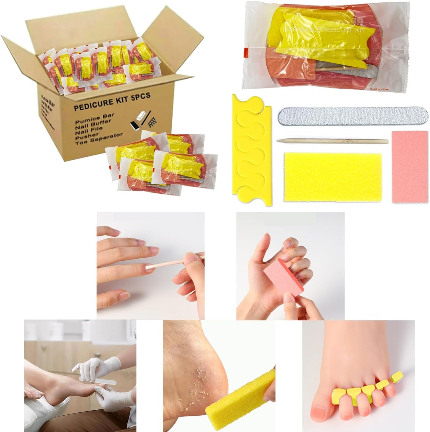 Disposable Pedicure Kit 5-in-1, 200-Counts (Nail Buffer, Pumice Pad, Nail File 100/180 Grit, Wood Stick and Toe Separators) Complete Pedicure Kit for Salon or Home Use.