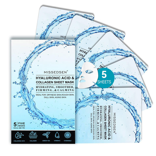 Collagen Face Mask with Hyaluronic Acid, Vitamin E Oil for Skin Care Hydrating, Moisturizing, Brightening & Anti Aging Face Masks Skincare for Oil, Dry, Acne, Sensitive All Skin Types 5PCS