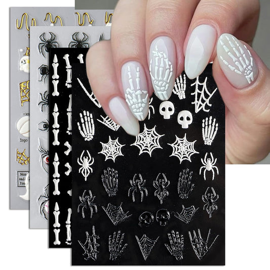 Halloween Nail Art Stickers, Bones Skeleton Nail Decals, 3D Spooky Self-Adhesive Spider-Web Bat Design for DIY Nail Supplies Decoration (4 Sheets)