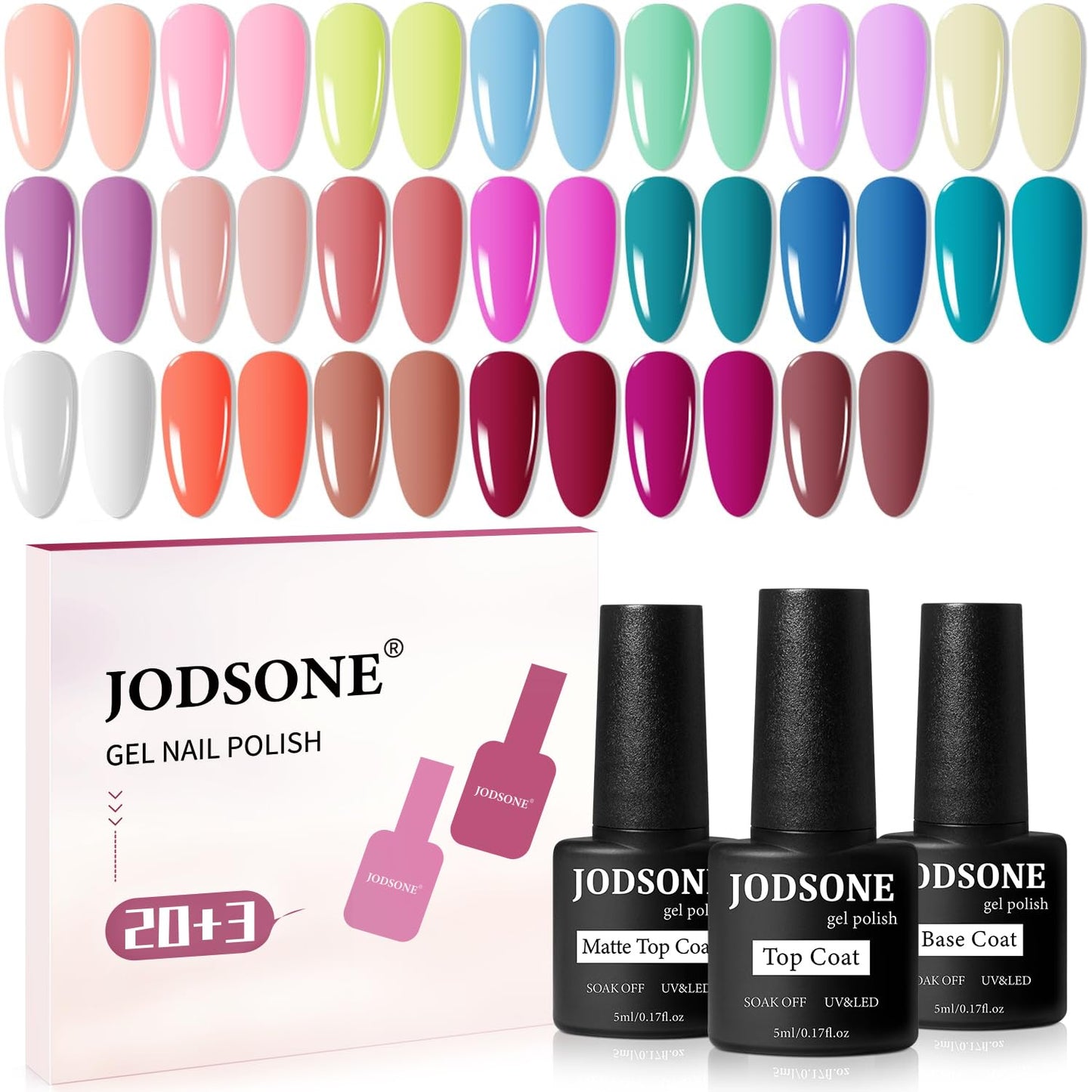JODSONE 20 Color Vibrant and High Shine Gel Nail Polish Kit with 3 PCS Base Coat and Matte and Glossy Top Coat