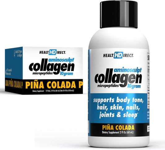 HEALTH DIRECT – Medical-Grade Liquid Collagen Shots – AminoSculpt Sugar-Free – Piña Colada – 12 Servings, (12pk, 2oz Shots) – Good for Joints, Bones, & Sleep – Better Hair, Skin & Nails