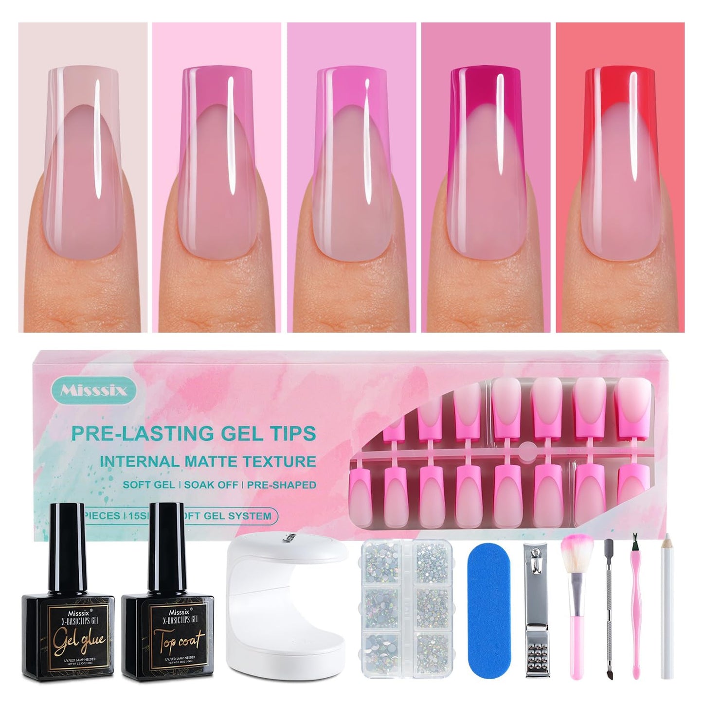 Misssix French Tip Press On Nails, 150Pcs French Gel Nail Tips, Pink Long Square Soft Gel Fake Nails, X-BASIC Tips Starter Kit for Nail Art DIY 15 Sizes