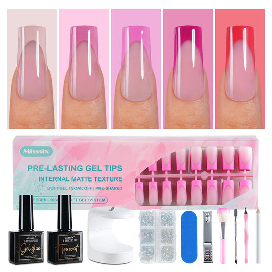 Misssix French Tip Press On Nails, 150Pcs French Gel Nail Tips, Pink Long Square Soft Gel Fake Nails, X-BASIC Tips Starter Kit for Nail Art DIY 15 Sizes