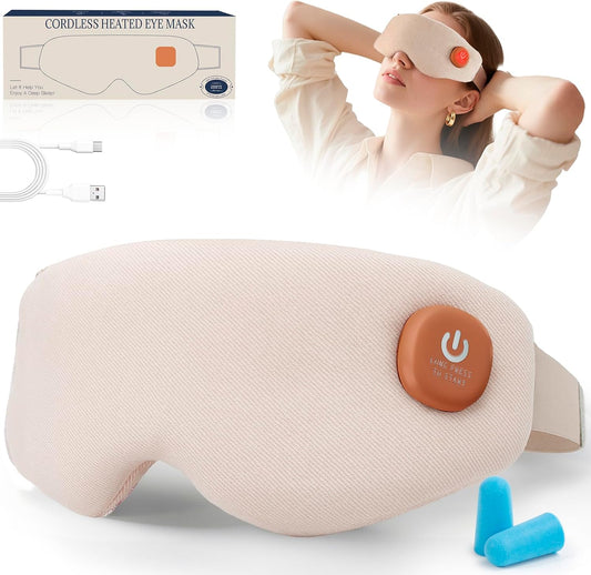 Cordless Heated Eye Mask, Warm Eye Compress for Dry Eyes, Light Blocking Heat Eye Mask for Women Men, Washable Eye Heating Pad for Travel, Dry Eyes, Blepharitis, Sinus Migraine (Beige White)