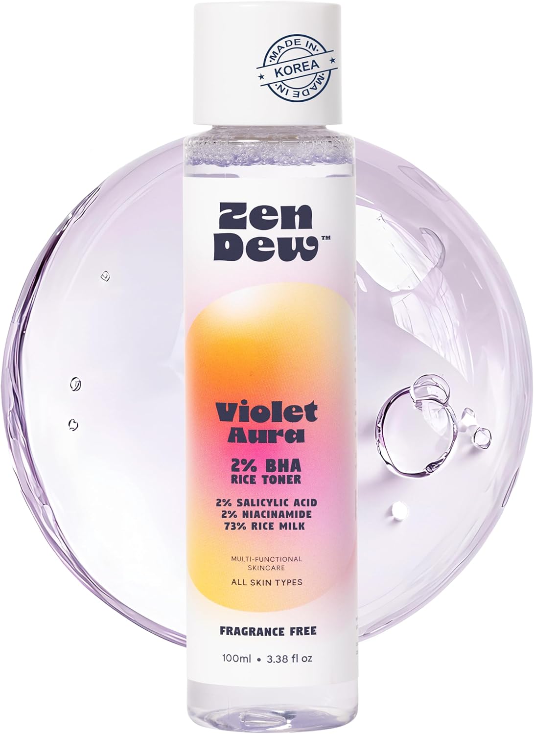 Violet Aura - Refreshing Glow Rice Toner for Radiant, Smooth Skin – Vegan Toner with 73% Korean Rice Milk, 2% Salicylic Acid & Niacinamide to Gently Clear Pores, Brighten & Moisturize, 3.38 fl. oz.