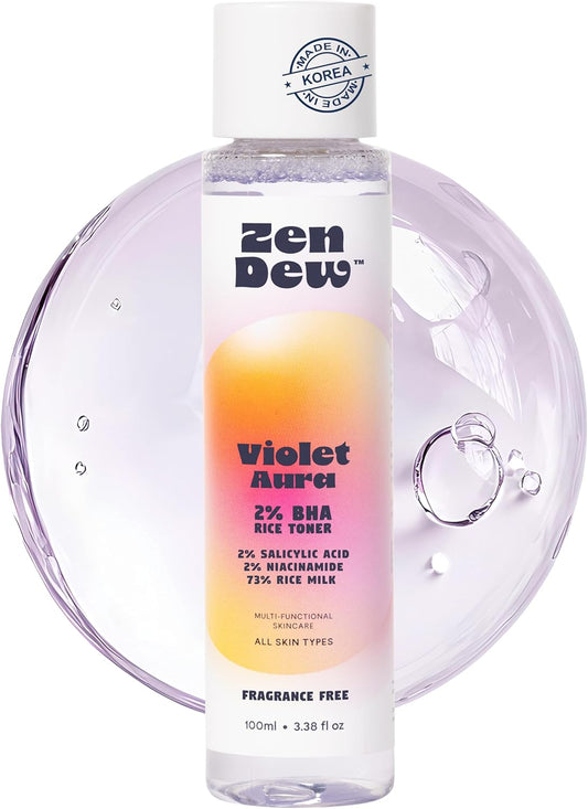 Violet Aura - Refreshing Glow Rice Toner for Radiant, Smooth Skin – Vegan Toner with 73% Korean Rice Milk, 2% Salicylic Acid & Niacinamide to Gently Clear Pores, Brighten & Moisturize, 3.38 fl. oz.