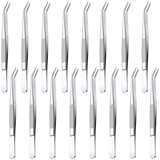 Honoson 16 Pcs Stainless Steel Tweezers for Crafting with Curved Serrated Tip Multipurpose Forceps Sewing Machine Tweezers Bulk (Silver)