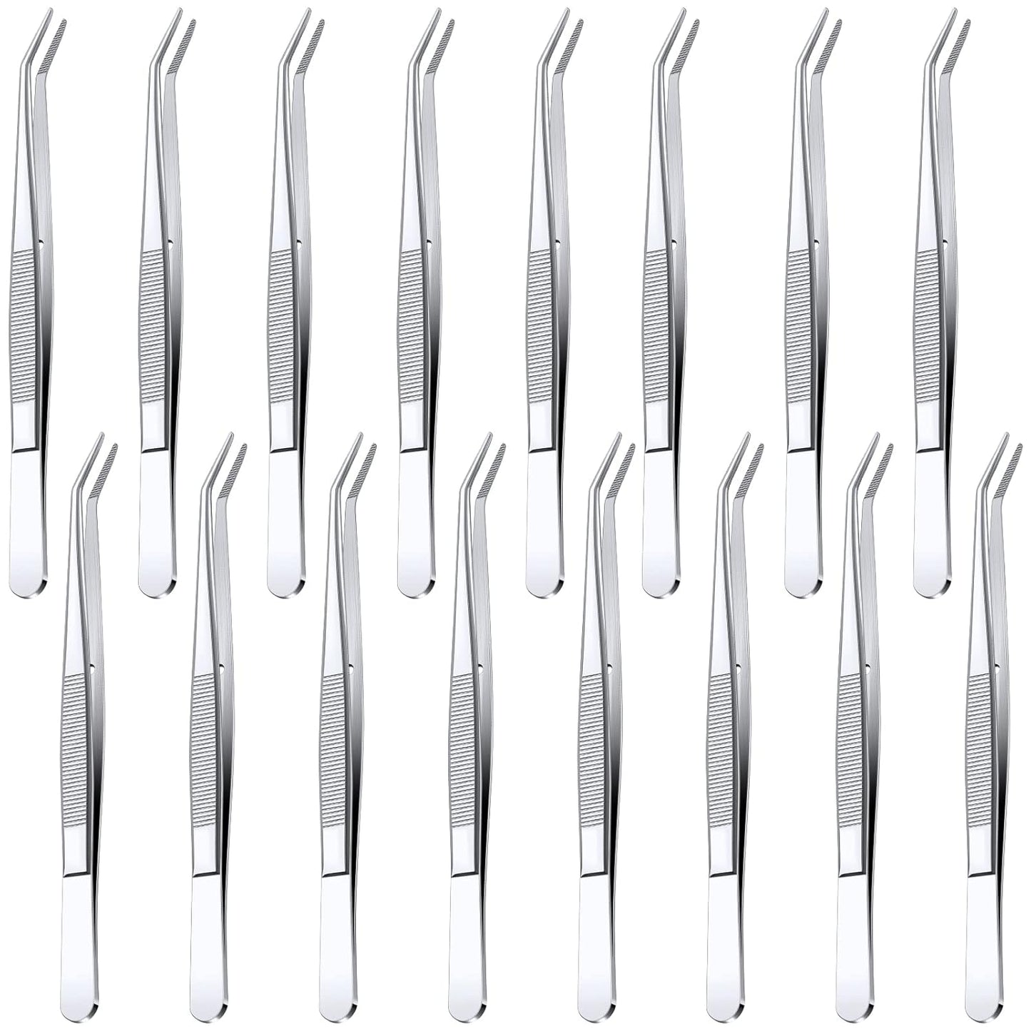 Honoson 16 Pcs Stainless Steel Tweezers for Crafting with Curved Serrated Tip Multipurpose Forceps Sewing Machine Tweezers Bulk (Silver)
