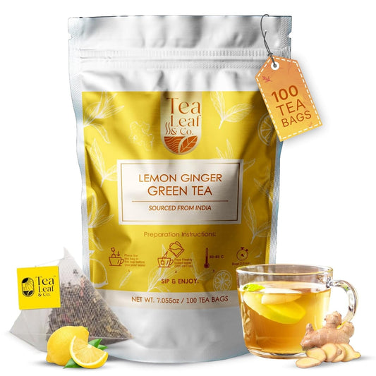 Tealeaf & Co. Lemon Ginger Green Tea with Ginger, Lemon Flavor, Orange Peel, Mint & Black Pepper - Organic Green Tea Bags with Fresh Herbs and Spices - Vegan - 100 Teabags (7.055oz/200gm)