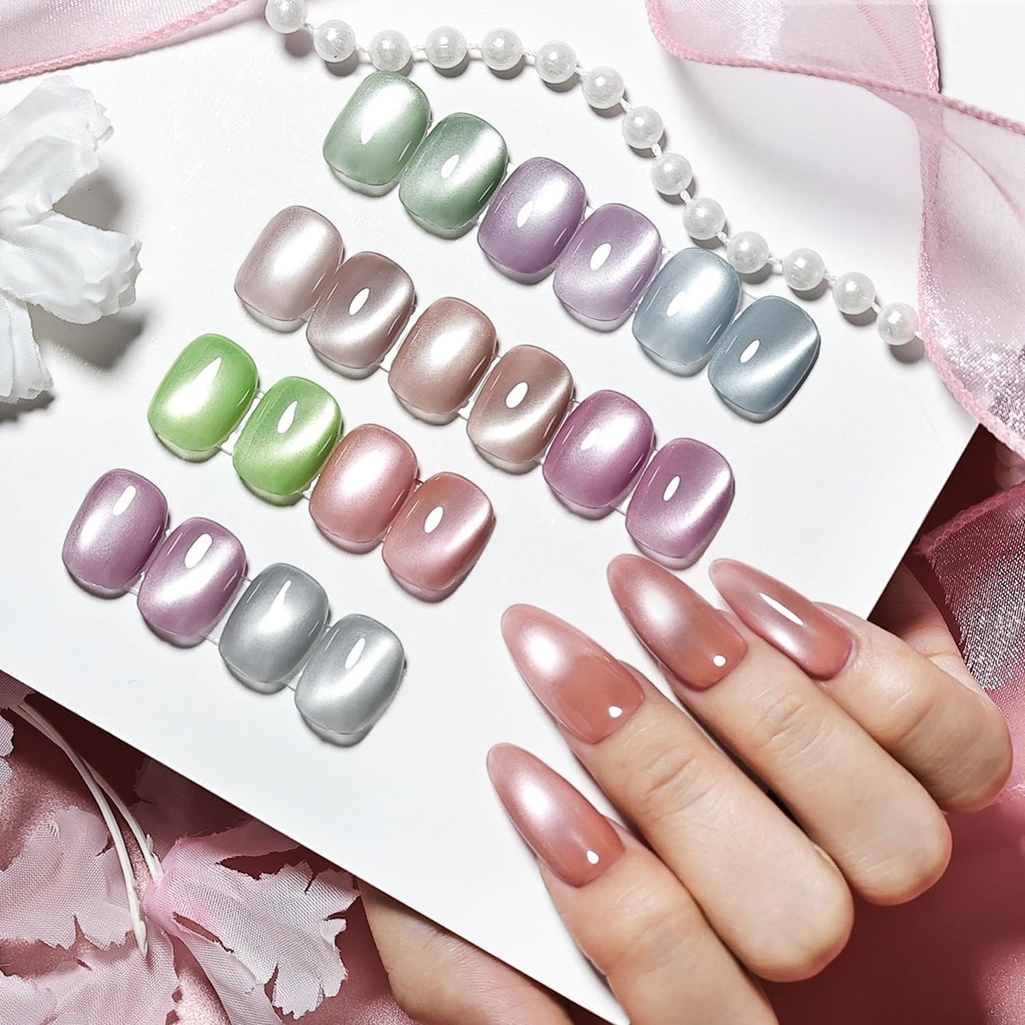 JODSONE 10 Colors Glow-in-the-Dark Cat Eye Gel Nail Polish Set Silver Green Blue Grape Purple with Base Coat and Top Coat and Magnet Stick Summer Nail Art for Nail Salons and at Home