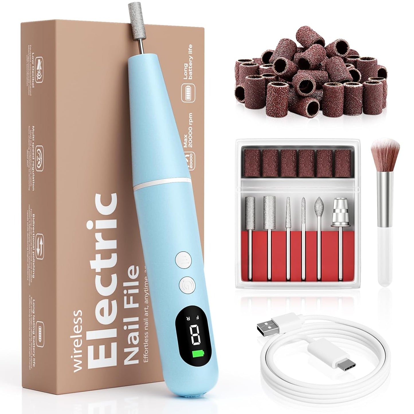 Electric Nail Drill Kit Professional - 9 Speed Cordless Electric Nail File with LED Display, Portable Nail Drill Machine for Acrylic Gel Nails, Hand Feet Trimmer Buffer Tool for Women Men Baby Blue