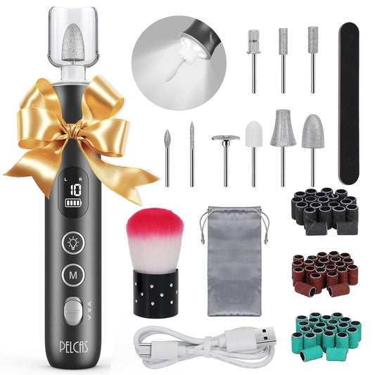 PELCAS Electric Nail Grinder, 10 Speeds Cordless Nail Drill with LED Light, Portable Manicure and Pedicure Kit, Nail File with LCD Screen for Human, Pet, Thick Toenails, Natural & Acrylic Nails Grey
