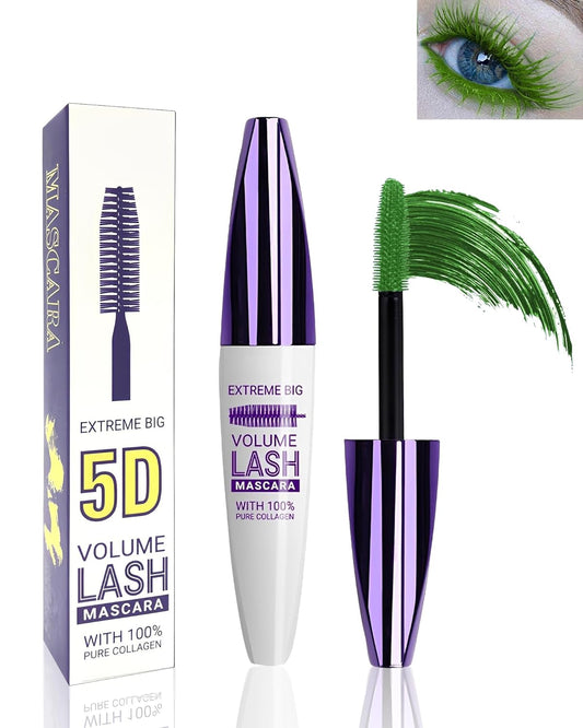 5D Green Mascara for Eyelashes-1Pcs Longlasting Waterproof Smudgeproof Colored Mascara Volume and Length,Curling Eye Lash rimel de pestañas,Thanksgiving Makeup Gift for Women Girl