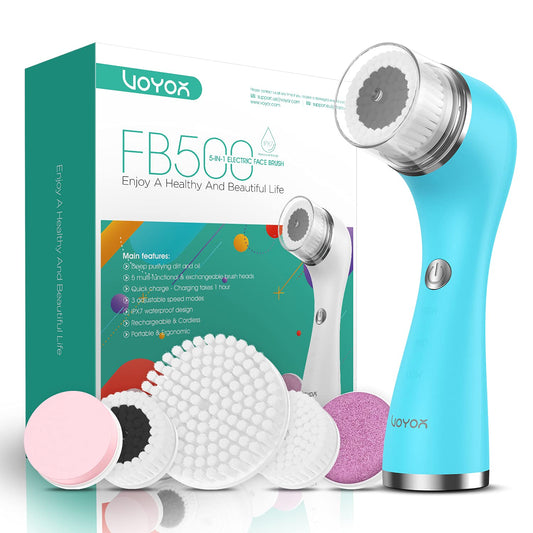 VOYOR Facial Cleansing Brush Rechargeable, Spin Face Brush Waterproof 5-in-1 Body Brush Set for Deep Skin Cleansing, Gentle Exfoliating and Massaging FB500 (Blue)