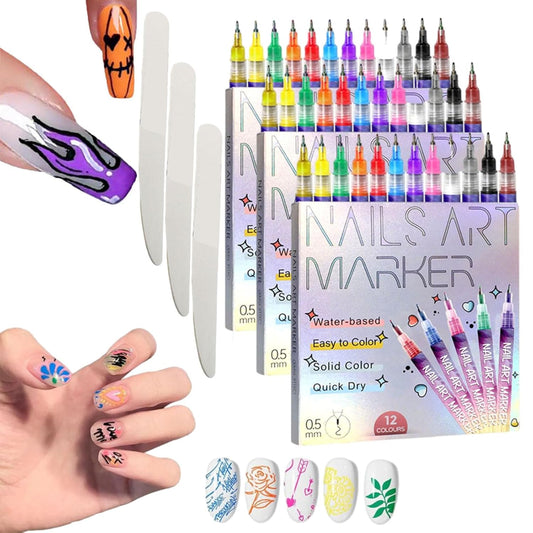 Nail Polish Markers, 12 Colors Nail Art Pens Set, 3D Nail Art Markers Polish Pen for Graffiti Dotting Drawing Painting Liner DIY Art Tools Kit for Home Nail Salon (3pcs)