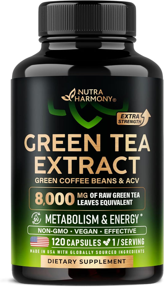 Green Tea Extract Capsules with Green Coffee Beans & Apple Cider Vinegar - Energy & Metabolism Support - Green Tea Supplement 50% EGCG - 20:1 Natural Extract - for Men & Women - 120 Vegan Capsules