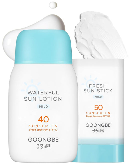 GOONGBE Sun Lotion SPF 40 & Sun Stick SPF 50-100% Zinc Oxide Mineral Sunscreen - No White Cast - Vegan Reef-Safe for Babies Kids Adults - Korean Skincare, 2.82oz & 0.49oz