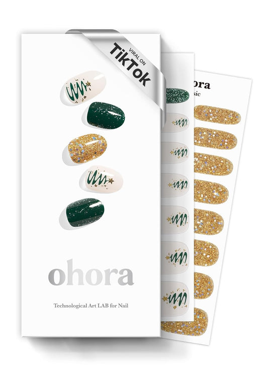 ohora Semi Cured Gel Nail Strips (N Christmas Magic) - Green & Yellow, Works with Any UV/LED Lamps, Salon-Quality, Long Lasting, Easy to Apply & Remove - Includes 2 Prep Pads, Nail File & Wooden Stick