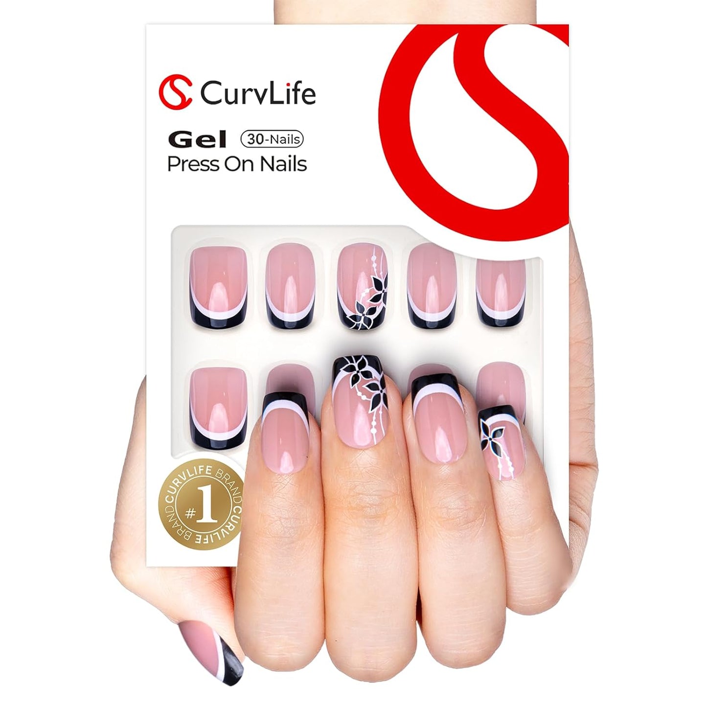 Curvlife Soft Gel Press on Nails, 30Pcs 15 Sizes Soft Gel Nail Tips, Full Cover Design Reusable Fake Nails Kit with Glue and Adhesive Tabs (black flower french, Medium)