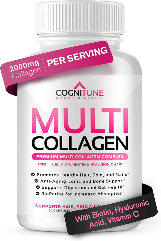 Multi Collagen for Women with Hyaluronic Acid, Vitamin C and Biotin, Collagen Protein Supplement with Types I, II, III, V, X Peptides for Healthy Hair, Skin, Nails and Joints, 120 Capsules