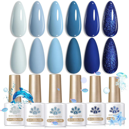 Born Pretty Blue Gel Nail Polish,Light Baby Sky Blue to Dark Navy Royal Shades 6 Colors Glitter Nail Gel Polish Kit Nail Art Manicure DIY Set Home and Salon Holiday Gifts