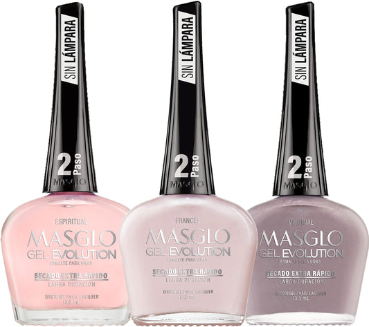 MASGLO Gel Evolution – Set of 3 Nail Polishes No UV/LED Lamp Needed, Fast-Drying, 12-Day Wear, 14-Free Formula, High-Gloss Finish, vegan (0.5 oz Each)