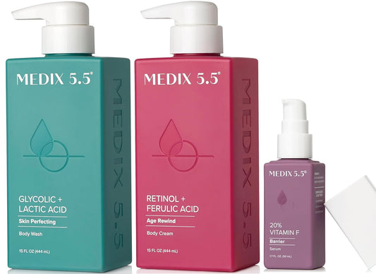Medix 5.5 Anti Aging Skin Care | Retinol Body Cream + Exfoliating AHA Glycolic Acid Foaming Face & Body Wash + Vitamin F Booster Serum | Wash + Treat + Hydrate Skincare | 3 Piece Set