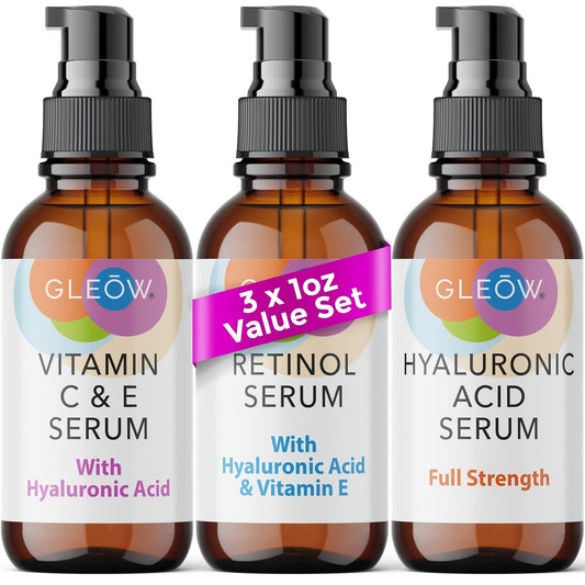 GLEOW Retinol Serum for Face, Vitamin C with Hyaluronic Acid Face Serum for Women and Men, Glow Skin Care Set Total Package Targets Appearance of Uneven Skin Tone and Dryness 3x1oz
