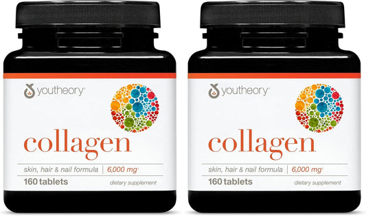 Youtheory Advanced Collagen - 6,000 mg - with Vitamin C - for Hair, Skin & Nails* - Collagen Supplements for Women and Men - 160 Tablets (Pack of 2)