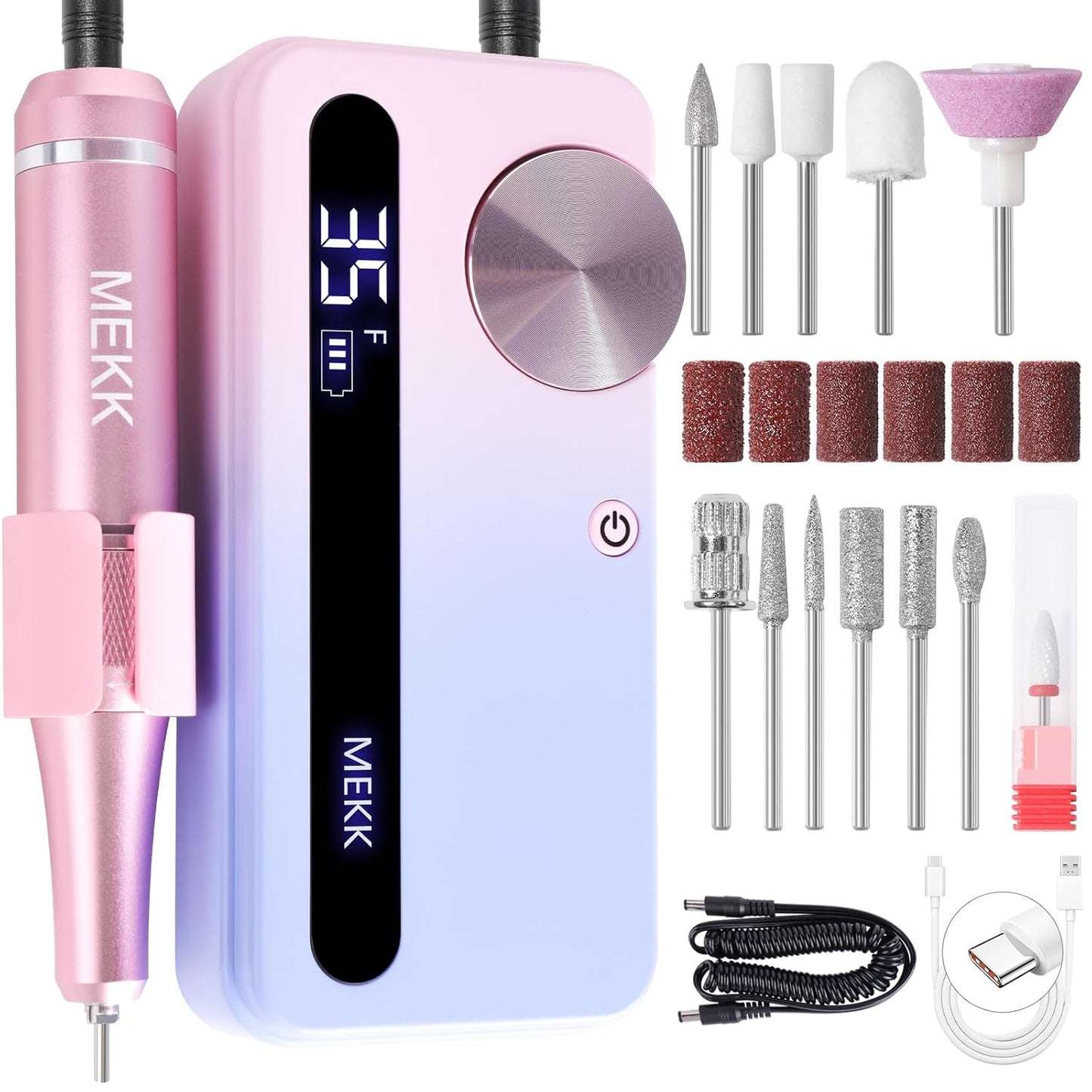 MEKK Nail Filer Electric Nail File,35000RPM Electric Nail Drill Kit with 12PCS Bits,Professional Anti-Shaking Cordless Nail Drill for Acrylic Nails,Home & Salon-Pink