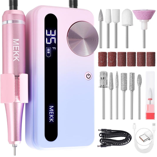 MEKK Nail Filer Electric Nail File,35000RPM Electric Nail Drill Kit with 12PCS Bits,Professional Anti-Shaking Cordless Nail Drill for Acrylic Nails,Home & Salon-Pink
