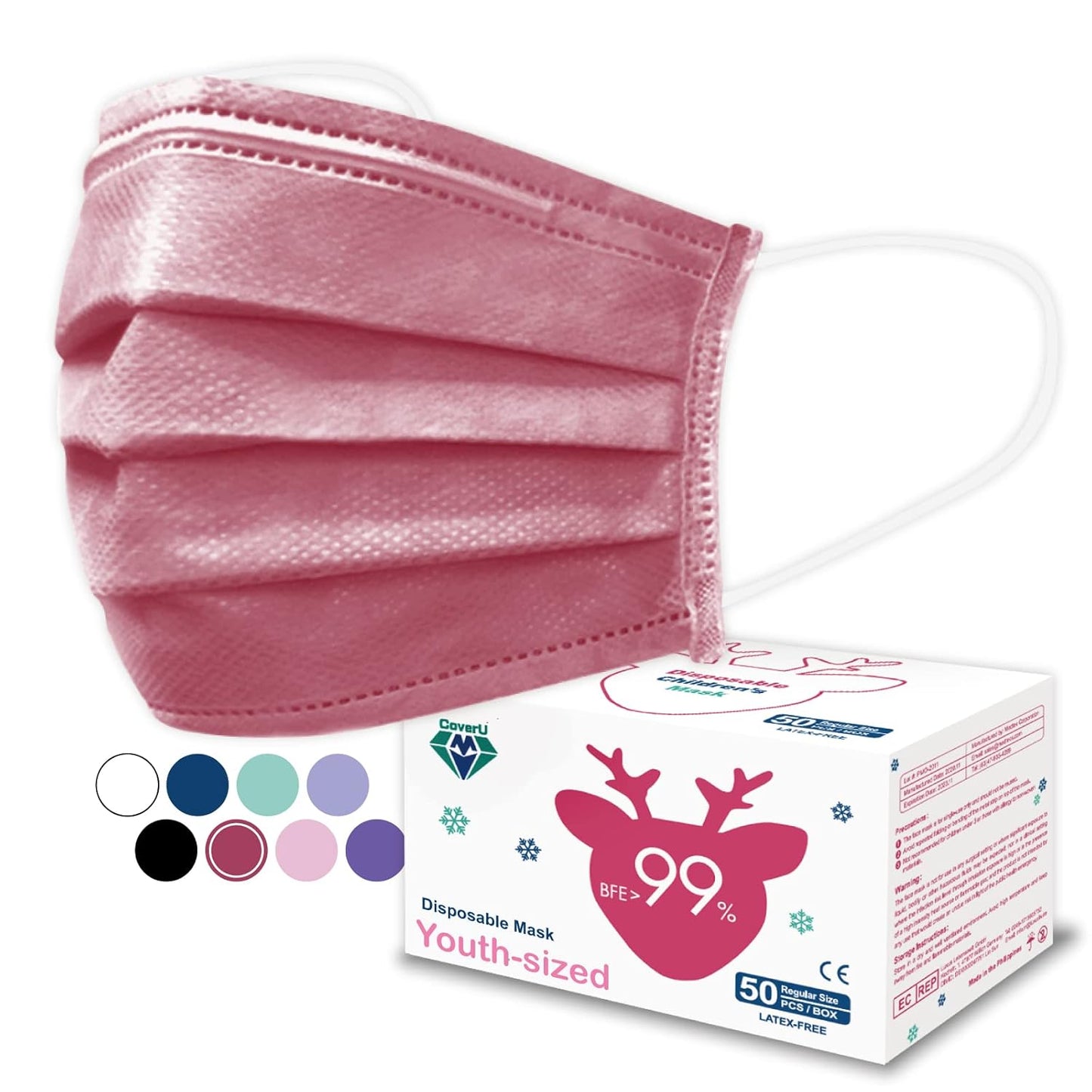 Medtecs Kids Face Mask Disposable - 2 Sizes Option (Child/Youth) 50 PCs - Comfy 3-Ply Breathable Children Masks, The Better & Safer Choice - Youth | Cherry Blossom