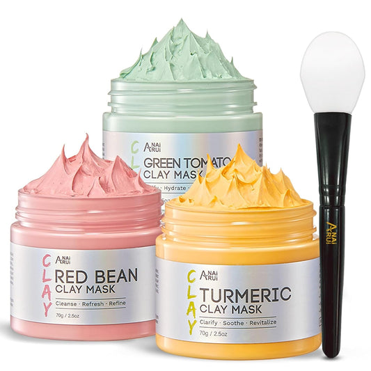 ANAI RUI 3 Pcs Green Tomato Clay Mask Set - Turmeric Vitamin C Facial Mask for Women, Red Bean Refreshing Pore Mask, 3-in-1 Detoxifying Mud Mask Spa Gift Set 2.5 oz each