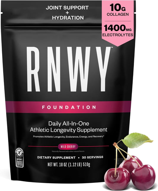 Foundation Collagen + Hydration Powder, Daily Joint Support with Electrolytes, Wild Cherry, 10g Collagen Peptides, 30 Servings