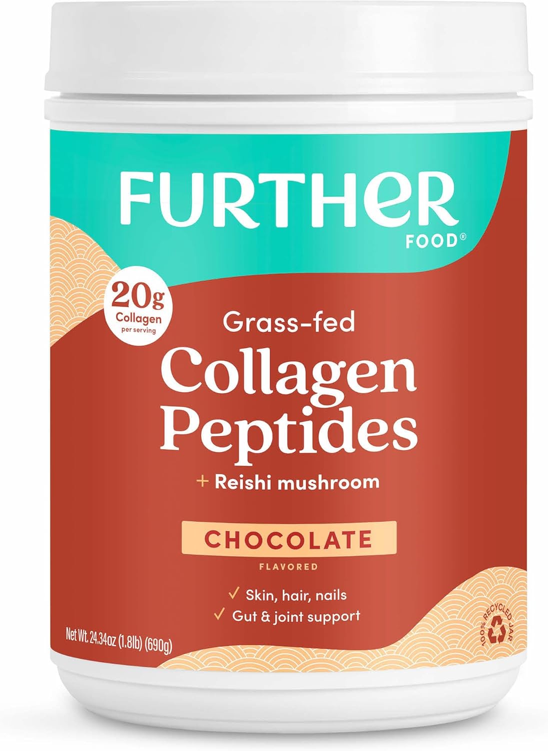 Further Food Chocolate Collagen Peptides Powder, Grass-Fed Pasture-Raised Hydrolyzed Type 1 & 3 Protein, Gut Health + Joint, Hair, Skin, Nails, Paleo Keto Sugar-Free 24.34 oz