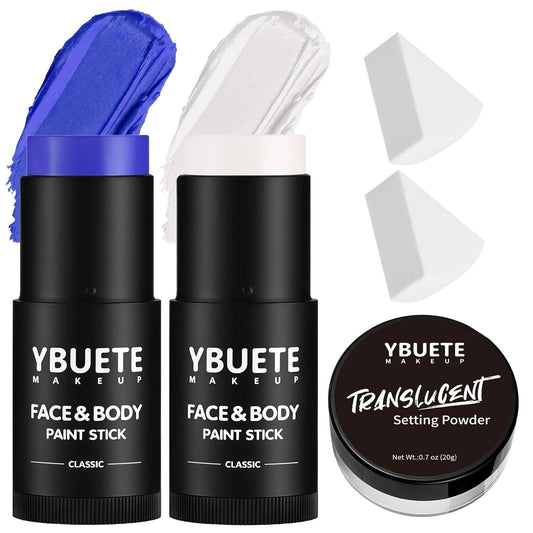 White Blue Face Body Paint Stick Set with Translucent Setting Powder and Sponges, Professional Full Coverage Face Painting for Adults Halloween Cosplay SFX Avatar Corpse Bride Skull Makeup
