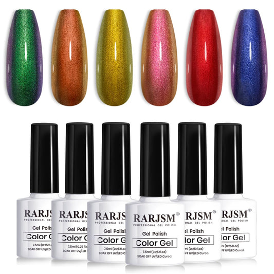 RARJSM Chameleon Gel Nail Polish Set 6pcs Multichrome Gradient Color Changing Orange Blue Purple Red Green Shimmer Glitter GelPolish Curing Requires Soak Off Sparkle Chrome Nail Gel Varnish 7.5ml