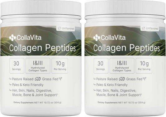 Collagen Peptides Powder Grass-Fed Pasture-Raised Hydrolyzed Collagen Powder, Type I & III Hair, Nails, Skin and Joints, Non-GMO, Paleo & Keto, Unflavored, 10 Fl oz. 2 Pack, 30 Servings