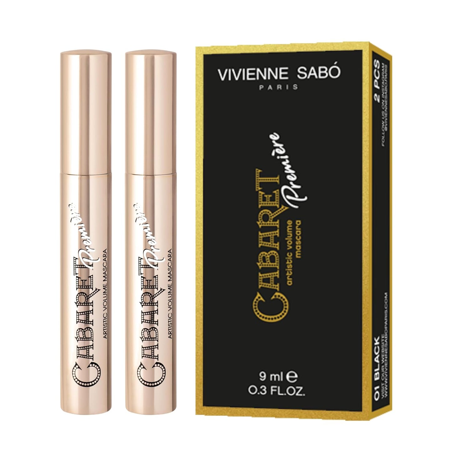Vivienne Sabó Cabaret Premiere Black Mascara, Volume and Length, Defining, Curling, No Flaking, No Clumping, Smudge Proof, Washable, Cruelty-Free, Made in Europe, (01 Black), 0.6 Fl Oz, 2 Pack