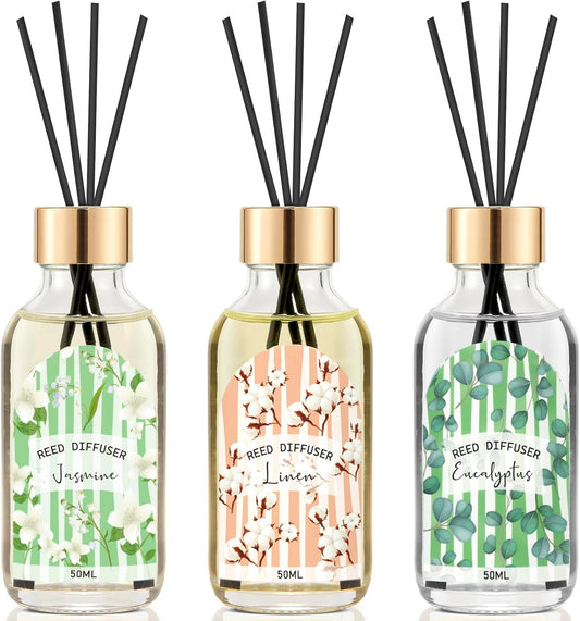Reed Diffuser of 3 Pack, Linen Eucalyptus Jasmine Oil Diffuser Set with 15 Sticks, Bathroom Air Freshener, Aromatherapy Reed Diffusers for Home, Office, 1.7 Fl. Oz Each, Total 5.1 Fl. Oz