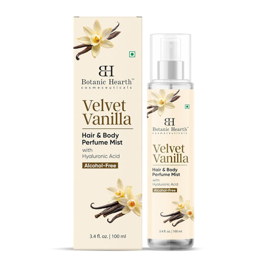 Botanic Hearth Velvet Vanilla Hair & Body Perfume Mist with Hyaluronic Acid, Alcohol-Free Formula, Long Lasting Fresh Vanilla Scent, Lightweight Body Spray for Women & Men, 3.4 fl oz / 100 ml