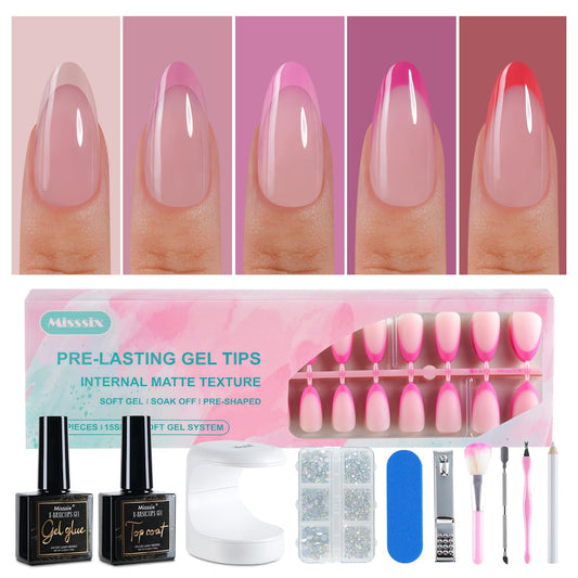 Misssix French Tip Press On Nails, 150Pcs French Gel Nail Tips, Pink Medium Almond Soft Gel Fake Nails, X-BASIC Tips Starter Kit for Nail Art DIY 15 Sizes