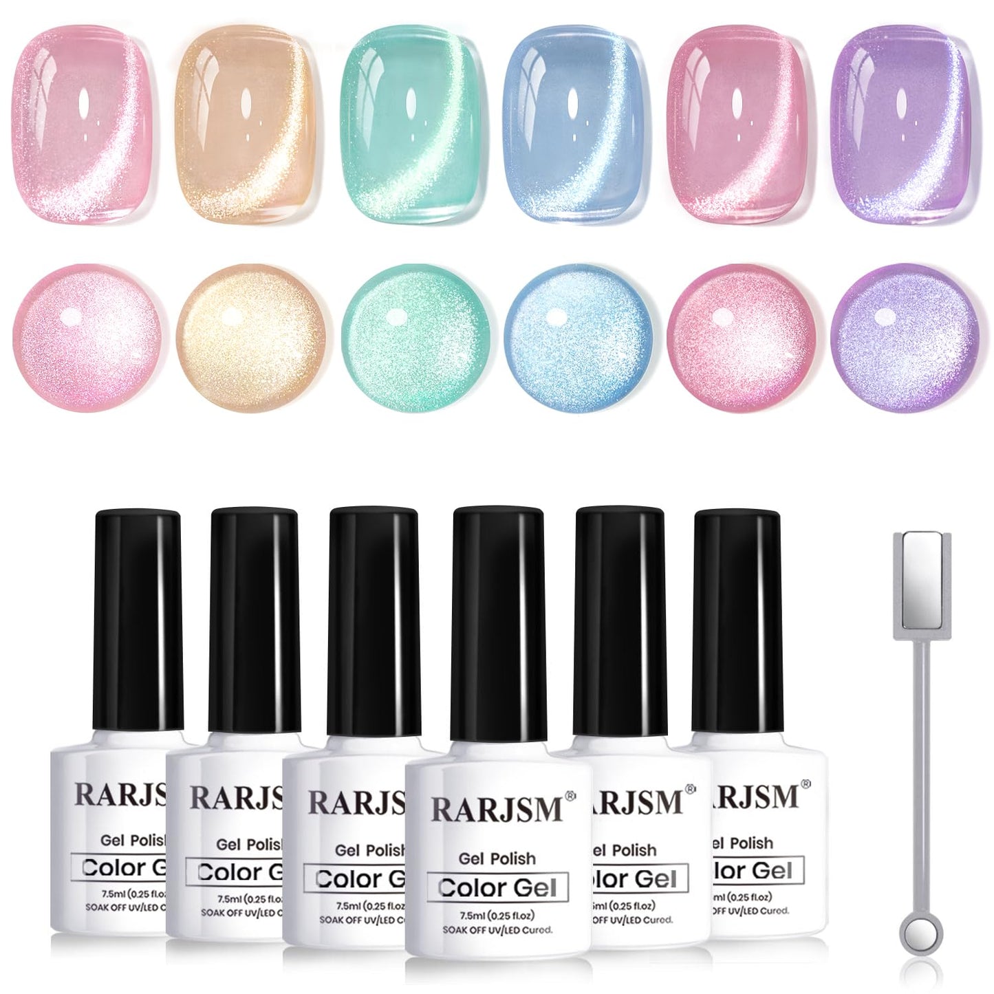 RARJSM Glass Jelly Cat Eye Gel Nail Polish Set 6pcs Reflective Sparkly Diamond Glitter Nude Pink Lake Blue Green Purple Clear Cateye Gelpolish with Magnet Stick 7.5ml Curing Requires for Home Salon