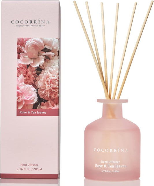 Cocorrína Reed Diffuser - Rose & Tea Leaves 6.76oz Diffuser with Sticks Home Fragrance Essential Oil Reed Diffuser for Home Bedroom Bathroom Shelf Decor Office Decor (Summer Collection)