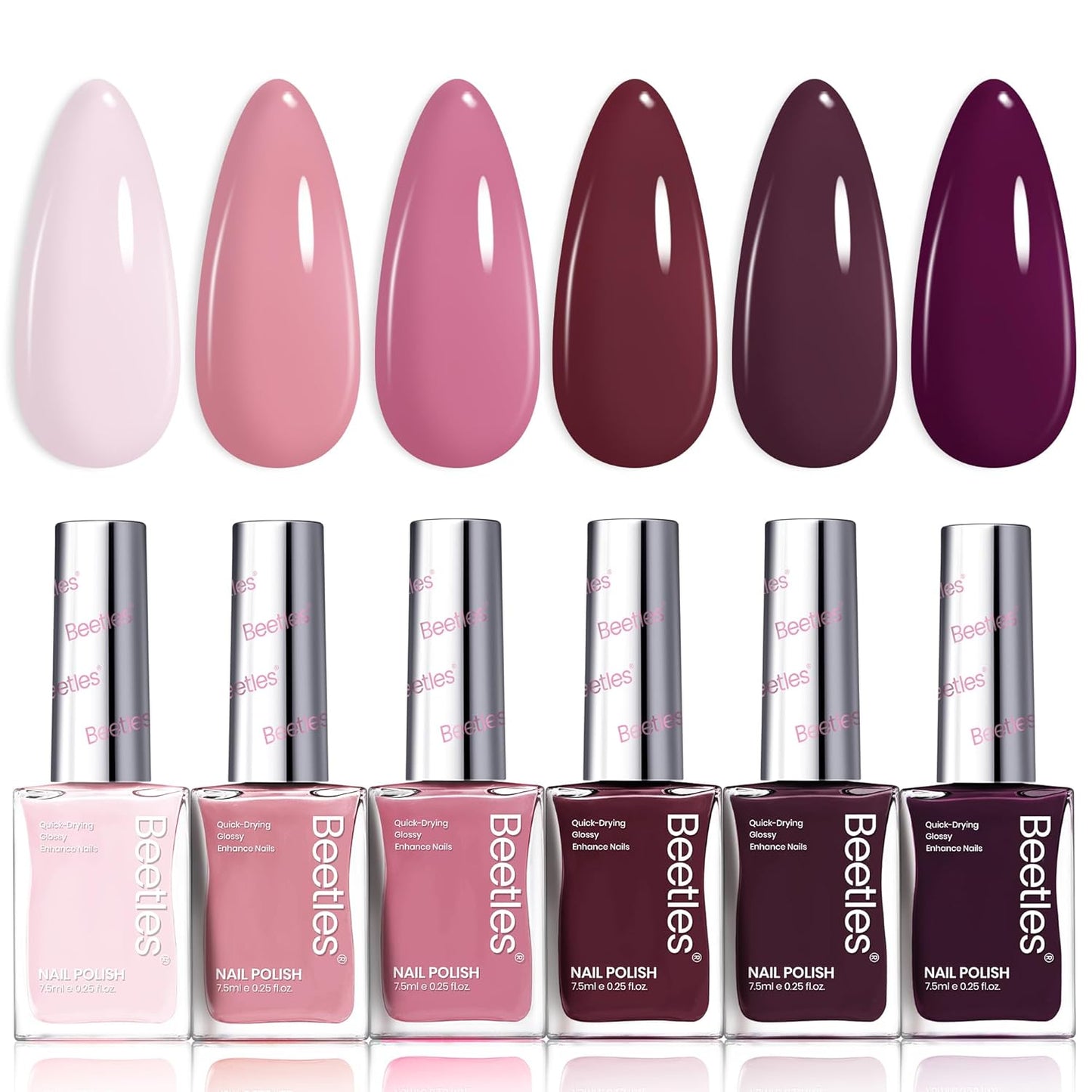 Beetles Nail Polish Set - Twilight Rose 6 Colors Quick Dry Baby Pink Burgundy Red Purple Plum High-Gloss Long-Lasting Nail Polish for DIY At-Home Manicure Fall Christmas Gift for Women
