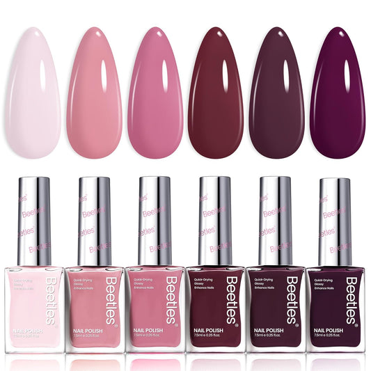 Beetles Nail Polish Set - Twilight Rose 6 Colors Quick Dry Baby Pink Burgundy Red Purple Plum High-Gloss Long-Lasting Nail Polish for DIY At-Home Manicure Fall Christmas Gift for Women