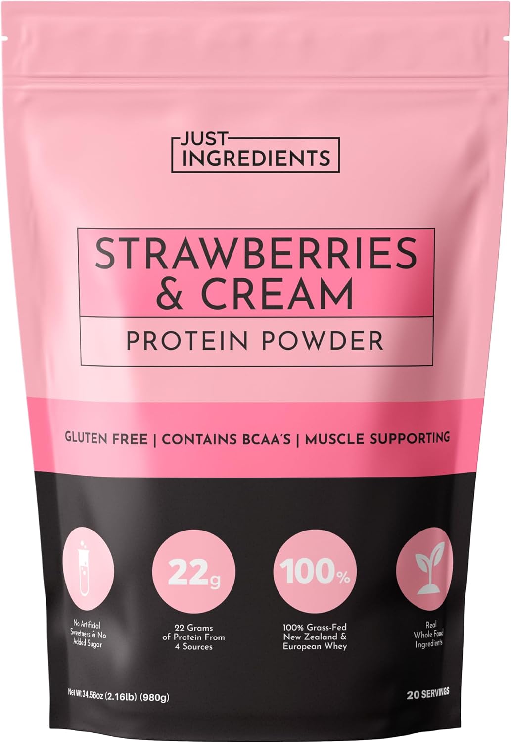 JUST INGREDIENTS Strawberries & Cream Protein Powder – 20-Serving Blend with 100% Grass-Fed Whey & Organic Plant Proteins – Real Strawberry Flavor – Supports Muscle Recovery, Energy*