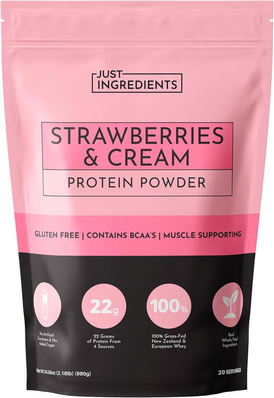 JUST INGREDIENTS Strawberries & Cream Protein Powder – 20-Serving Blend with 100% Grass-Fed Whey & Organic Plant Proteins – Real Strawberry Flavor – Supports Muscle Recovery, Energy*