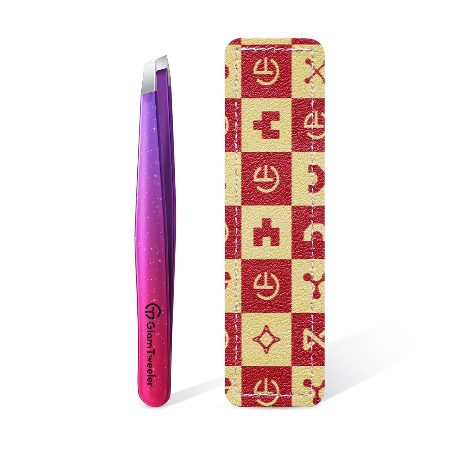 Expert Slant Tip Tweezers with Leather Travel Case, GlamTweeler Sharp & Precision Stainless Steel Tweezer for Eyebrows, Facial Hair and Fine Hairs Removal (Sparkle Deep Violet & Lavender)